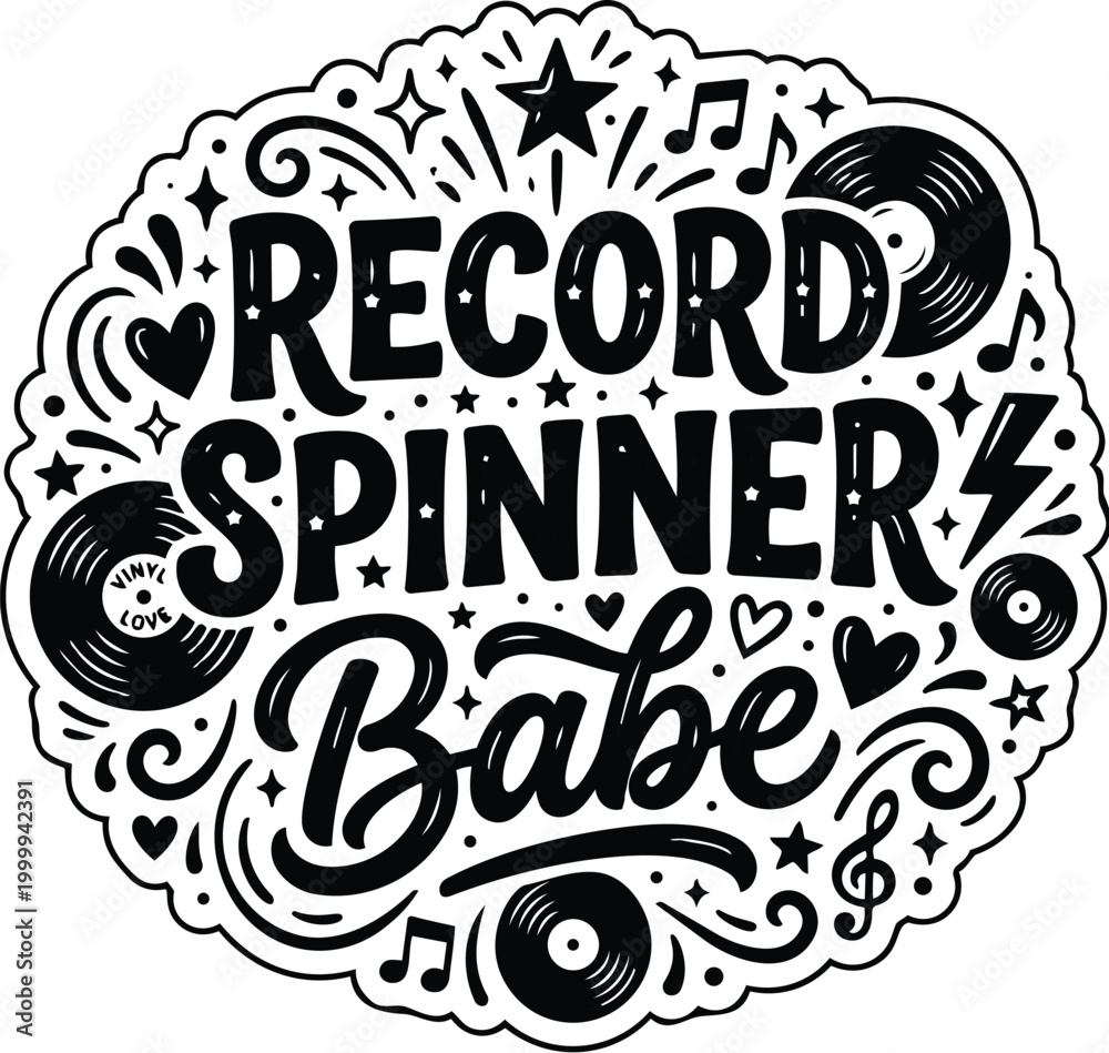 Naklejka premium Round black and white badge with record spinner babe typography vector style