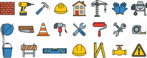 Construction building tools icon set featuring hammer drill hard hat crane house bricks cement mixer saw screwdriver wrench level tape measure paint roller industrial vector illustration isolated