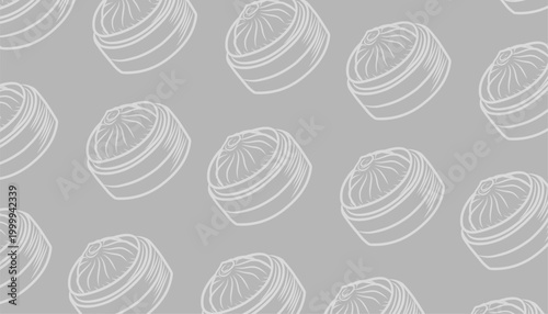 dimsum Seamless Pattern. Steamed Bun Repeating Motif. Hand Drawn Outline Illustration. Neutral And Yellow Background Variations. Asian Culinary Textile Packaging Design.