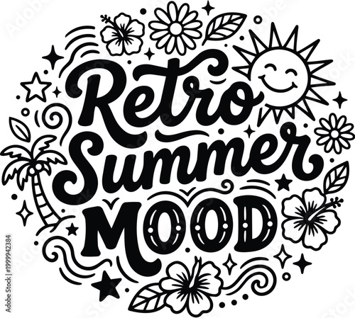 Retro summer mood line art circle with hibiscus palm sun and tropical motifs