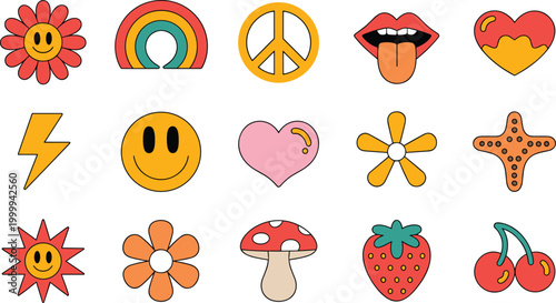 Retro groovy hippie sticker set featuring smiley faces rainbow peace sign mushrooms flowers lightning bolts hearts strawberry cherries and lips vector icons in 1970s vintage aesthetic style isolated