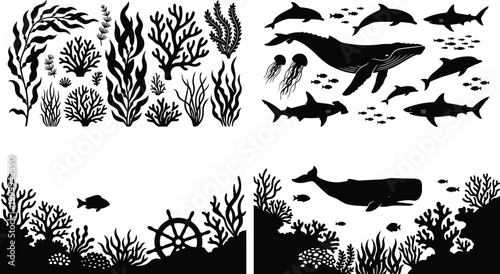 Underwater sea life silhouette set, coral fish whale shark marine vector ocean collection illustration design pack