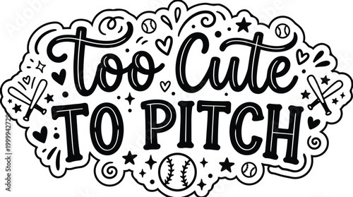 Hand drawn line art too cute to pitch with baseball motifs