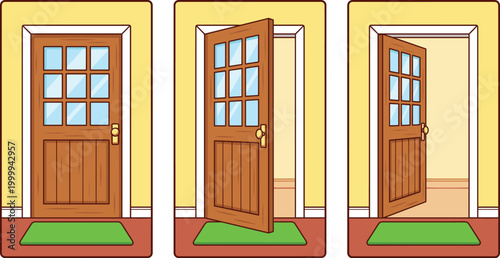 Wooden door opening stages illustration, closed half open fully open entrance sequence vector home interior design concept