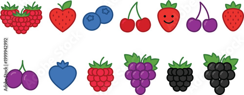 Fresh organic berry fruit icon set featuring red strawberries raspberries blueberries purple grapes black blackberries and red cherries vector illustration collection isolated on white background