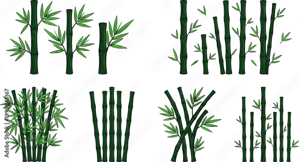Obraz premium A Large Collection Of Vibrant Green Cartoon Bamboo Stalks And Leaf Illustrations Isolated On White Background