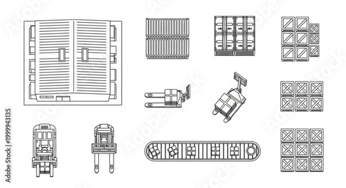 Collection of industrial shipping and logistics elements in blueprint style.