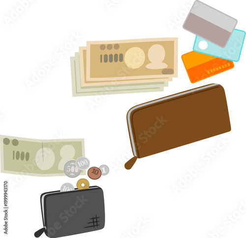 長財布と小銭入れと紙幣やカード