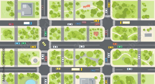 Aerial View of City Blocks with Streets and Green Parks.