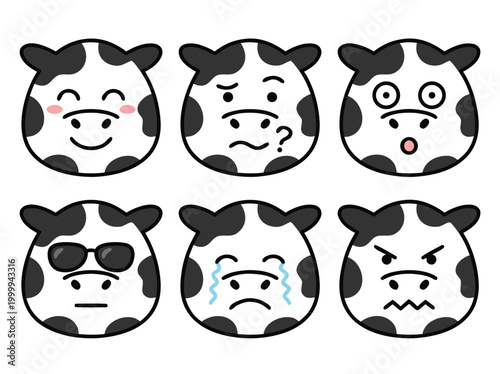 Cartoon Cow Faces Expressing Various Emotions in Vector Format.
