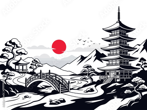 Minimalist Japanese Pagoda Landscape Illustration with Arched Bridge, Mountains, and Red Sun. Traditional Oriental Vector Art Style.