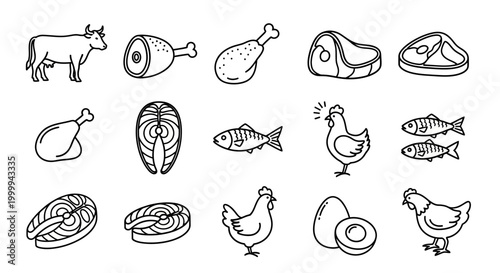 Set of hand drawn farm animal and meat product icons.