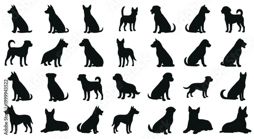Set of black dog silhouettes in various poses and breeds.