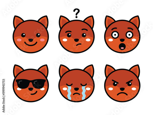 Cartoon Fox Emoticons Expressing Various Emotions and Feelings.