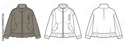Ruffled Hem Utility Jacket Technical Fashion Illustration. Rib knit cuff Bomber Jacket Vector Template. Women Zip Up Outerwear CAD Tech Pack Front and Back View. Apparel design template.