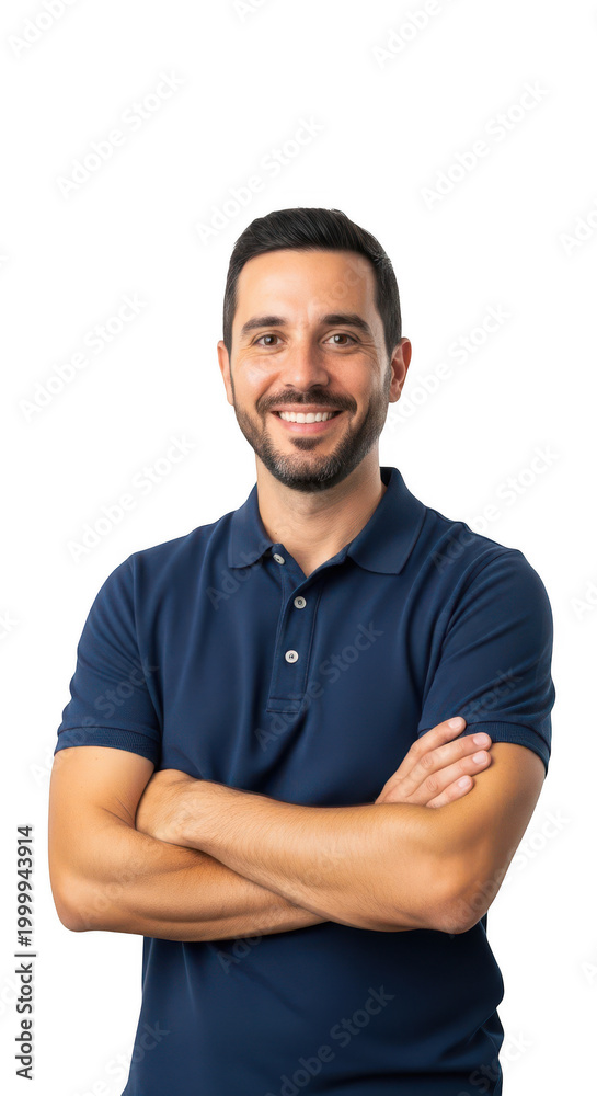Fototapeta premium Man in blue shirt smiling and pointing with both hands isolated on transparent background,png,Png,