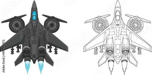 Modern fighter jet illustration top view with engines and missiles vector graphic for aviation and military concepts
