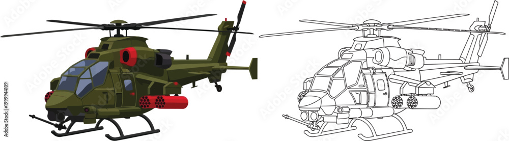 Fototapeta premium Military attack helicopter with missiles realistic 3D render and line art illustration for defense concepts