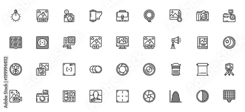 Photography icon set. Minimal linear vector icons. Camera pack with bulb, lens, macro, flash, night mode, slow motion, gopro, cartridge, portfolio, raw, contrast, levels and more.