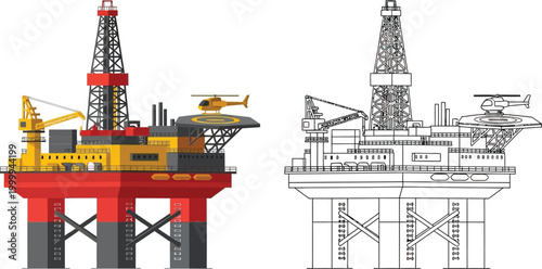 Offshore oil rig platform with helicopter and crane flat vector illustration for energy industry and marine transport concepts
