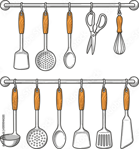 Hand drawn kitchen utensil set hanging on rack including ladle, spatula, whisk, and scissors in a vintage sketch style for culinary designs.