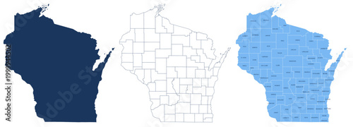 Konstfotografi Wisconsin Counties Map with Labels – State Silhouette and County Boundaries Vect