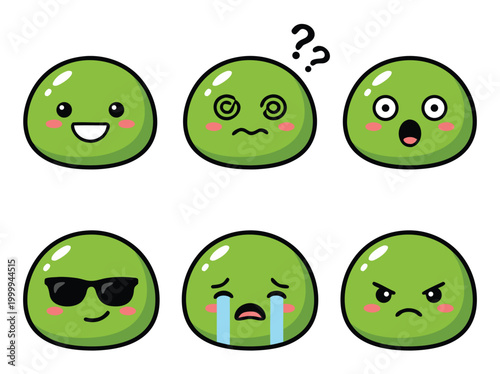 Cartoon Green Pea Emojis Displaying Various Emotions and Expressions.