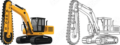 Yellow excavator with a trencher attachment construction equipment illustration isolated on white background