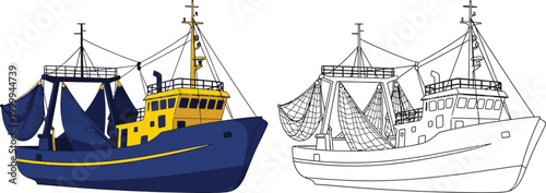 Blue and yellow fishing trawler boat illustration and outline isolated on white background for marine industry design