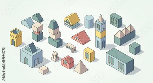 Collection of Miniature Architectural Building Models in Pastel Colors.