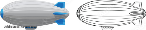 White blimp or airship illustration front and top view flat vector design for aviation or transport concepts isolated on white