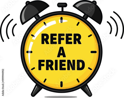 Alarm Clock Vector Graphic Illustrating a Refer a Friend Campaign Message