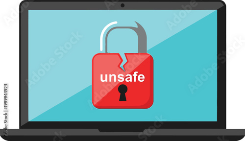 Digital security alert on laptop screen graphic showing broken unsafe lock