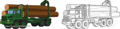 Green logging truck carrying large timber logs flat illustration for forestry and transportation concepts isolated on white