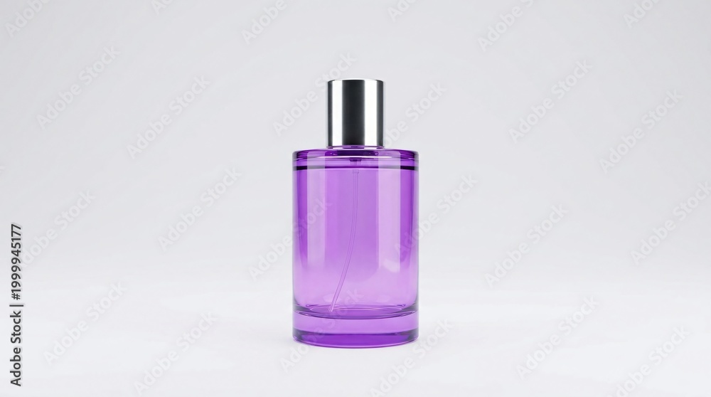 Fototapeta premium The image shows a purple cylindrical perfume bottle with a silver cap on a plain surface.