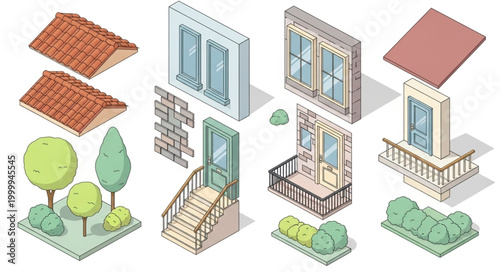 Isometric architectural elements for building design and construction.