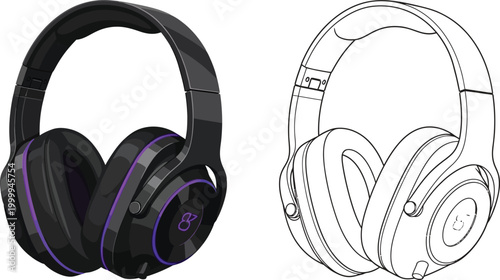 Black and purple headphones realistic 3D render and line art illustration isolated on white background for audio and music concepts