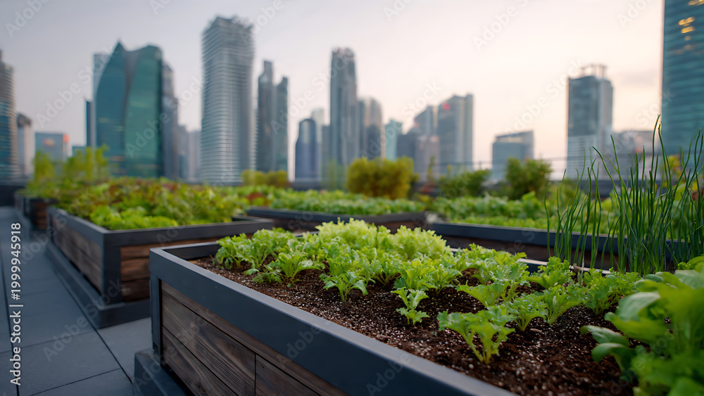 Fototapeta premium Vibrant green produce thrives in an elevated rooftop garden, offering fresh ingredients against a modern cityscape backdrop, symbolizing sustainable urban living and eco-friendly practices