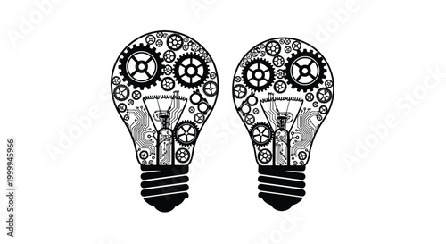 Steampunk light bulbs with gears detailed vector illustration on white