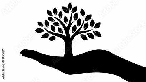 Symbolic silhouette of a flourishing tree with vibrant leaves emerging from an open human hand representing growth nurturing and environmental care against a clean white