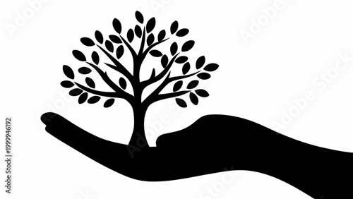 Symbolic silhouette of a lush tree growing upwards from a cupped human hand representing growth nurturing life hope and environmental care against a clean white background vector