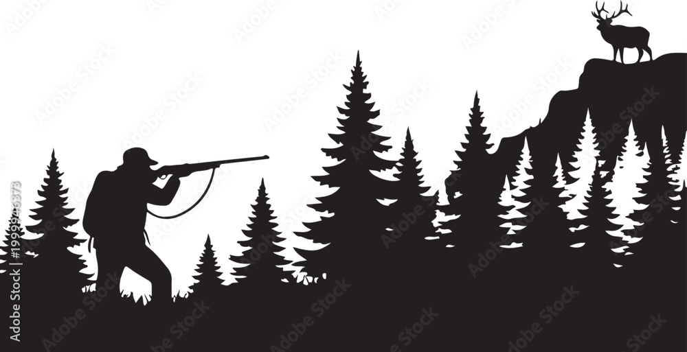 Fototapeta premium hunter, silhouette, forest, wildlife, deer, hunting scene, black