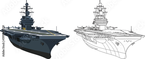 Modern aircraft carrier illustration detailed vector drawing and outline for military or naval themes isolated on white