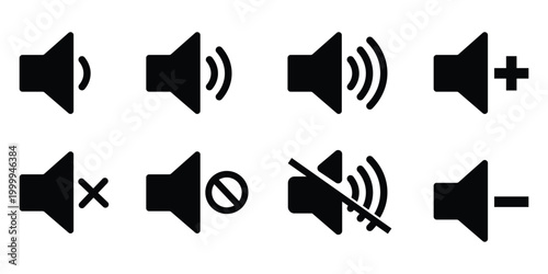 Collection of various speaker icons and sound volume control symbols isolated on white background for audio settings and multimedia applications