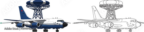 Airplane with radar dome and line art version aviation technology concept for defense or surveillance isolated on white