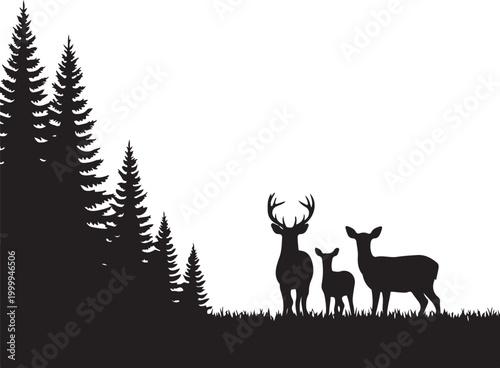 Deer family silhouette, forest animals, wildlife icons, black vector graphics