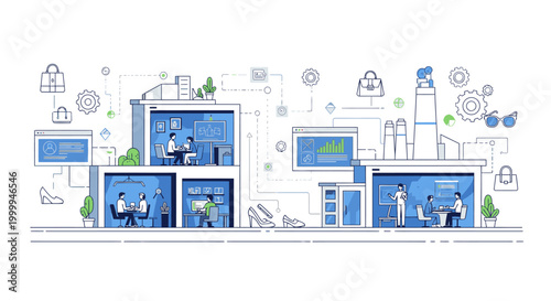 Illustration of a modern office building with various employees working at desks, surrounded by icons and symbols representing business and technology, in a blue and white color scheme.