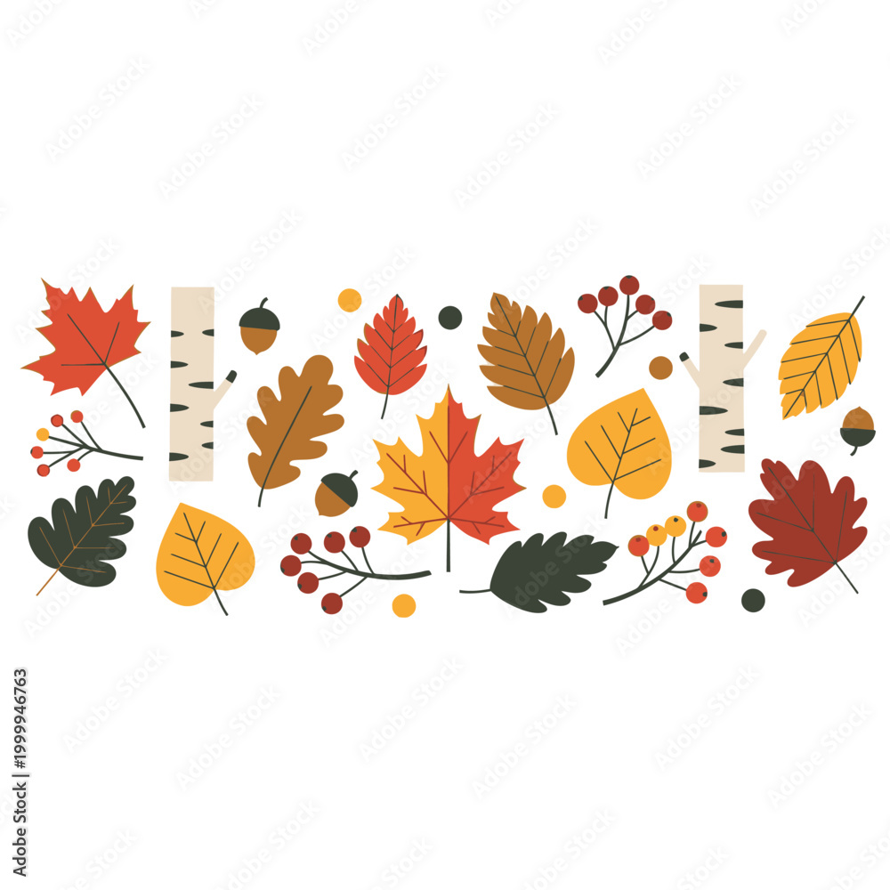 Fototapeta premium Autumn Leaves and Acorns Border, Fall Season Nature Elements, Vector Illustration