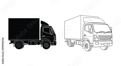 Truck silhouette and line drawing on white background