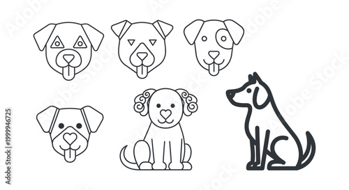 Collection of Minimalist Line Art Dog Head Icons and Full Body Canine Illustrations.